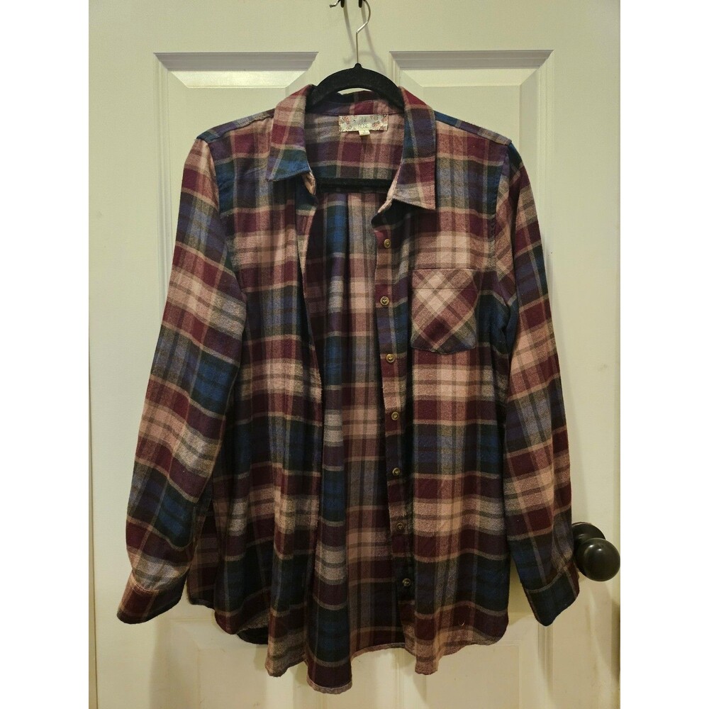 Pink Rose Button Up Top Flannel Size Large Soft